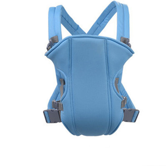 Light blue ergonomic baby carrier with adjustable straps and grey buckles, designed for comfort.