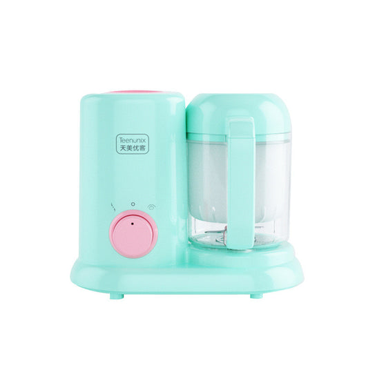 Mint green baby food steamer and blender, 25cm, with pink accents and clear blending cup.