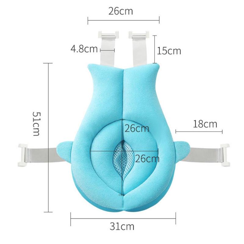 Blue floating baby bath cushion with soft, breathable fabric, ergonomic design, and adjustable straps.