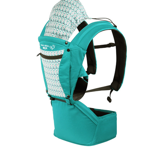 Teal cotton baby carrier with patterned hood, ergonomic design, and adjustable straps.