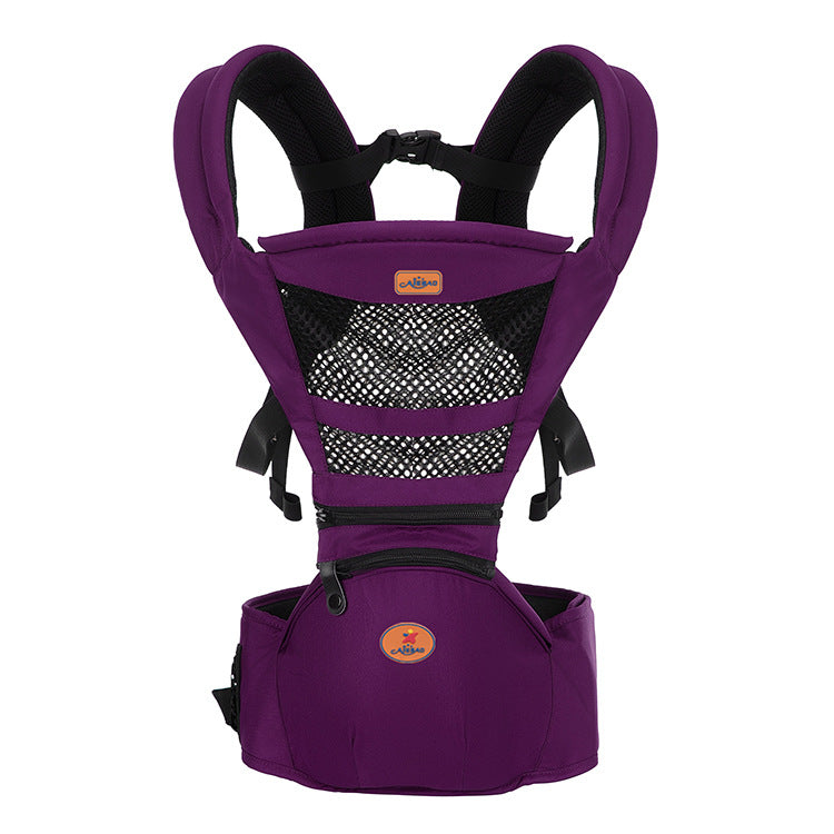 Purple ergonomic baby carrier with breathable mesh, padded straps, and a hip seat.