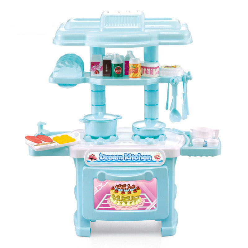 Light blue plastic toy kitchen set with oven, stovetop, shelves, and play food accessories.