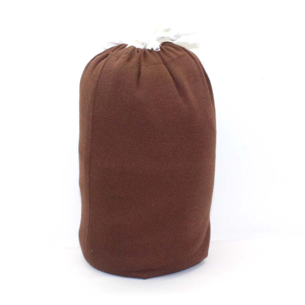 Soft brown cotton baby wrap carrier, folded compactly with a white drawstring closure.