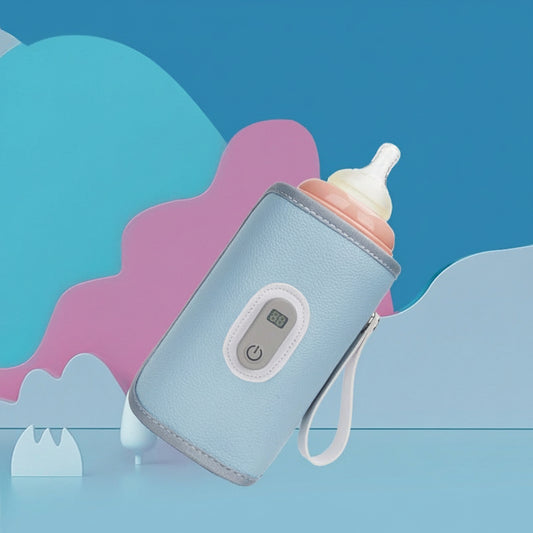 Light blue portable smart baby bottle warmer with digital display, white strap, and a pink bottle inside.