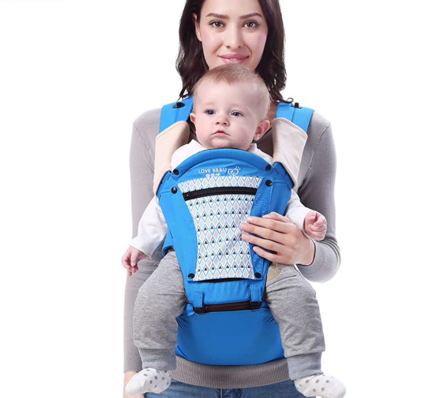 Woman carrying baby in a blue ergonomic cotton baby carrier with a geometric pattern.