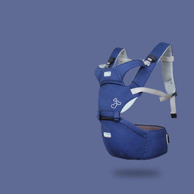 Navy blue ergonomic baby carrier with supportive waist seat and padded straps.