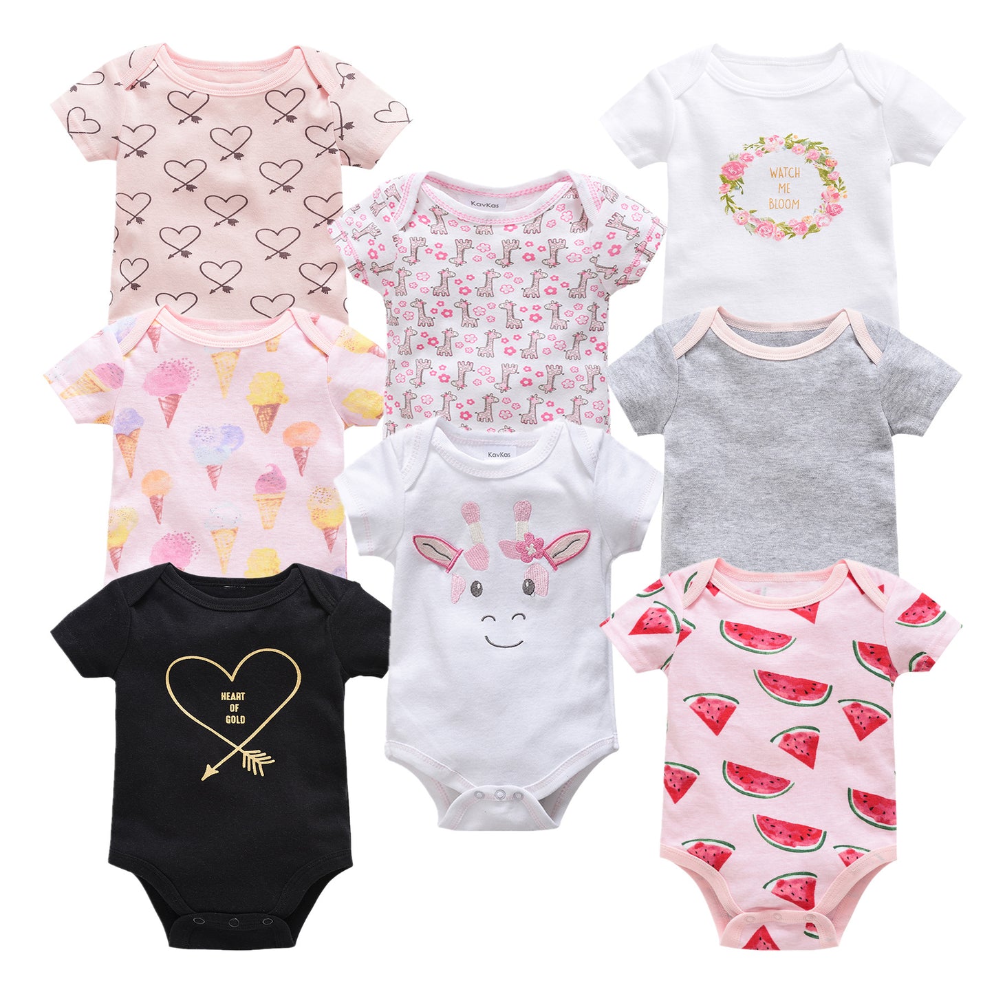 Assorted baby short-sleeve cotton rompers with various prints like hearts, giraffes, ice cream, and watermelons.