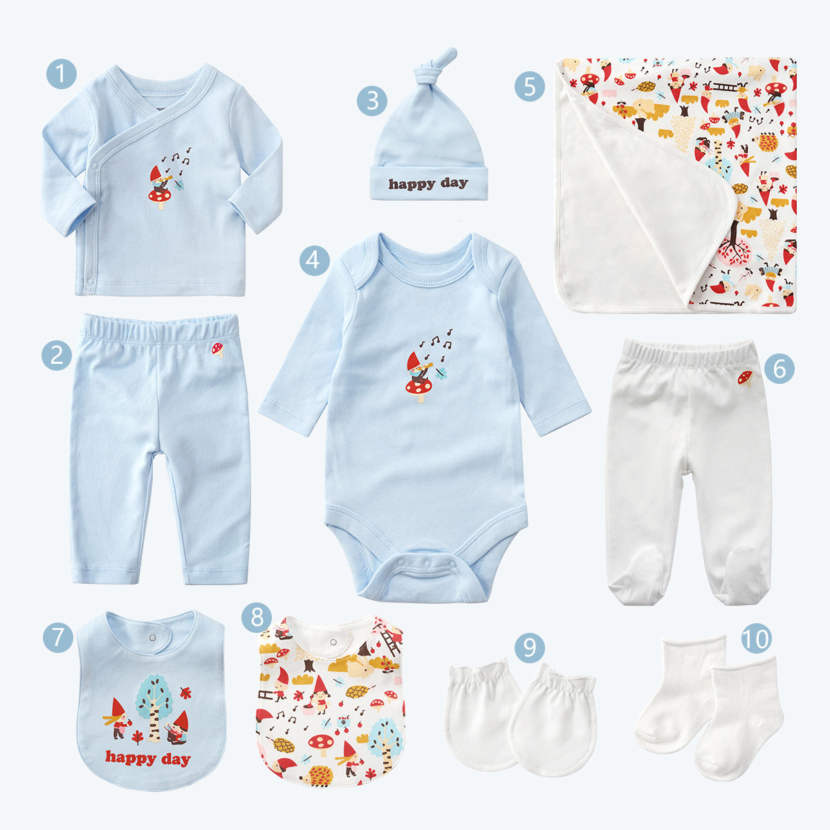 10-piece unisex baby gift set with blue cotton clothes, mushroom print, hat, bib, blanket, mittens, and socks.