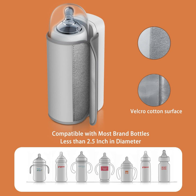 White portable USB bottle warmer with gray Velcro strap, holding a baby bottle.
