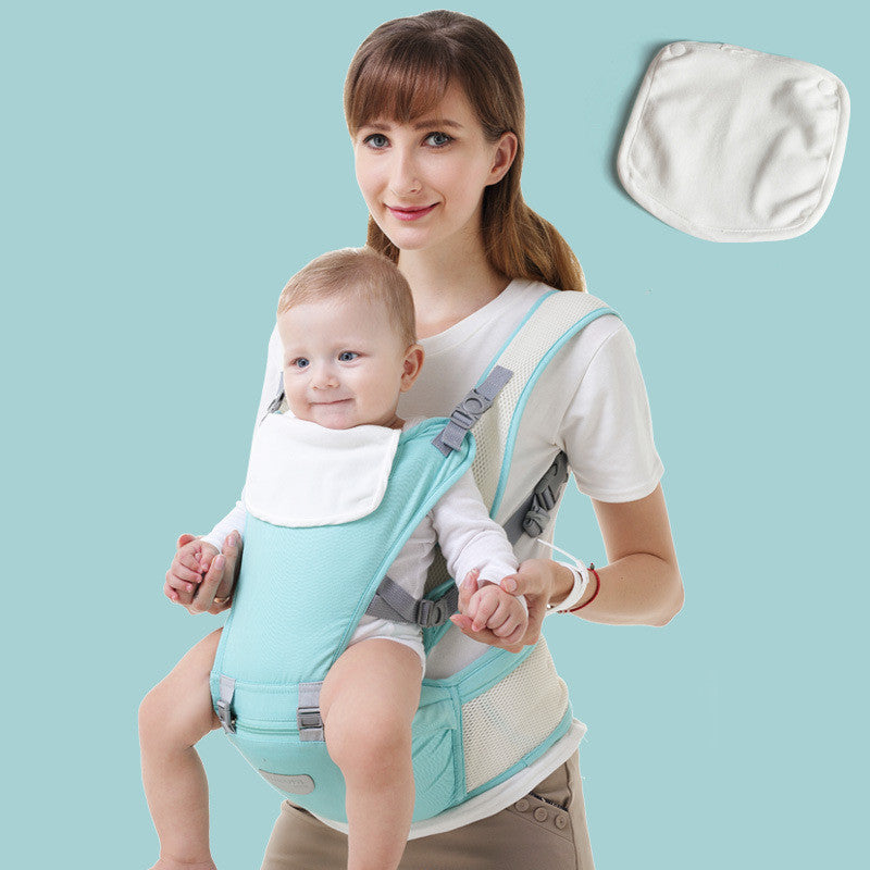Woman carrying baby in a light blue ergonomic hip seat carrier with white mesh, plus a white bib.