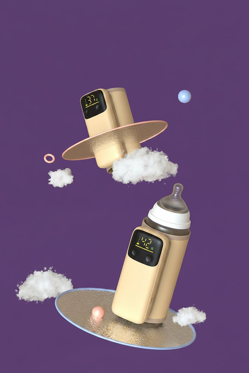 Portable beige wireless baby bottle warmer with digital display, shown heating milk to 37°C and 42°C.