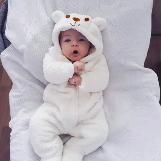 White plush baby bear hooded romper with cute ears and embroidered face.