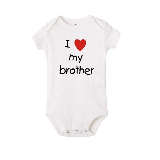 White short-sleeve baby romper with "I love my brother" print, ideal for summer.