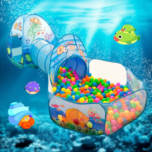 Kids' 3-in-1 play tent with tunnel and ball pit, featuring an underwater ocean theme.