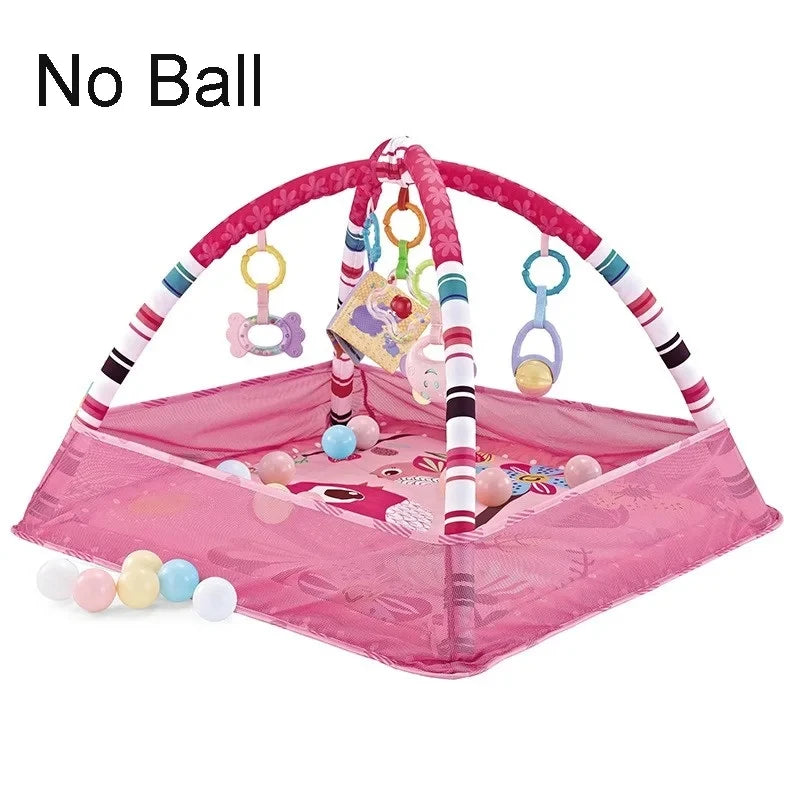 Pink baby activity gym with arch, hanging toys, and soft play mat.