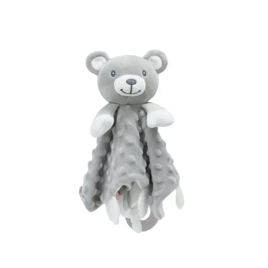 Soft gray teddy bear security blanket with textured minky fabric and attached teether.