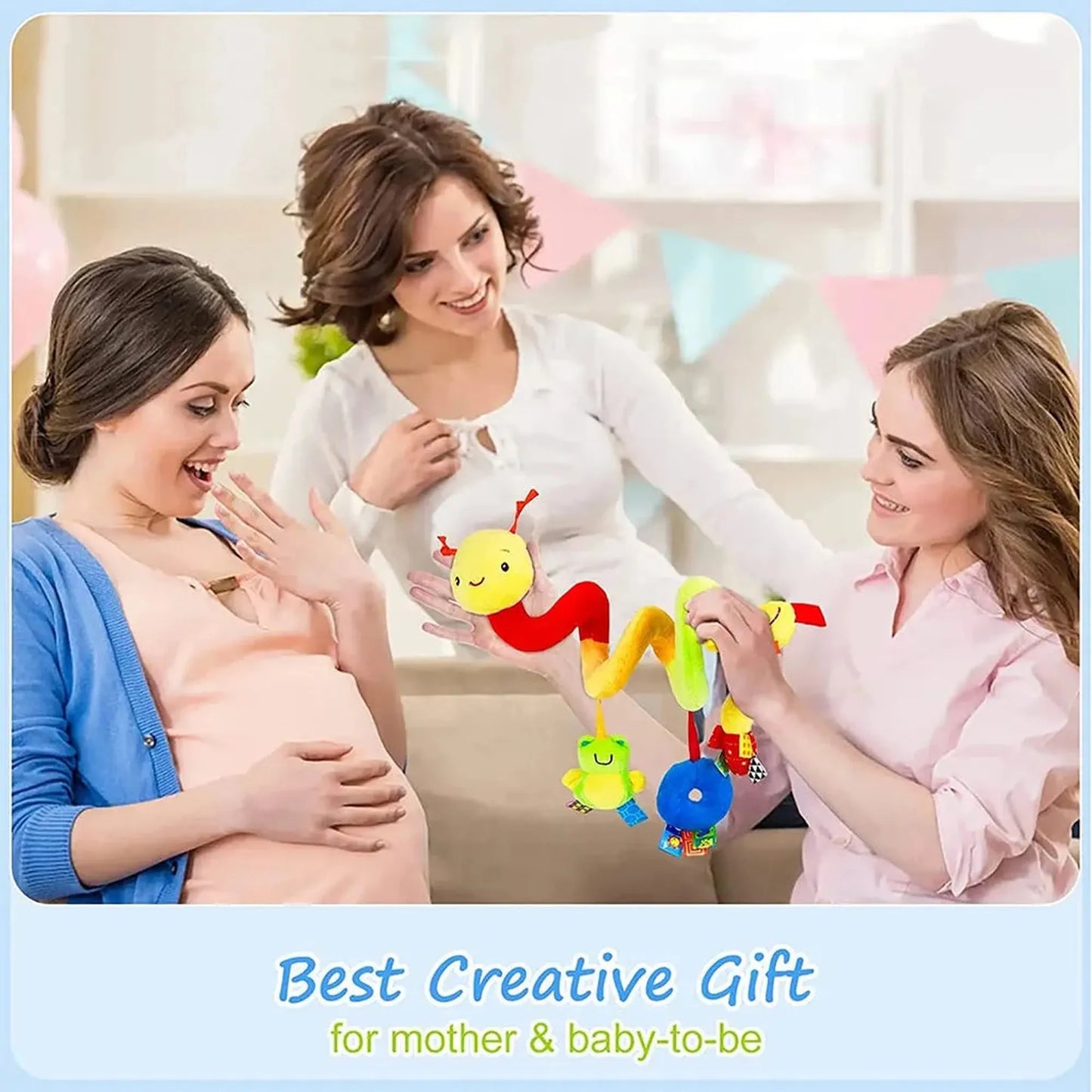Soft colorful caterpillar stroller toy with dangling rattles, held by a woman for a pregnant friend.