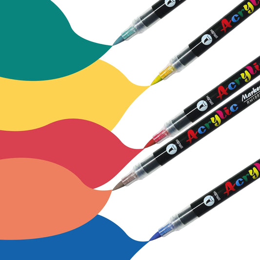 Acrylic brush tip markers in various vibrant colors, creating colorful strokes on a white background.