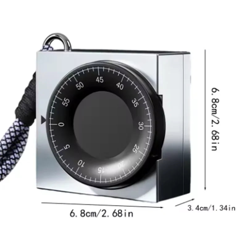 Silver square visual timer with black dial, 60-minute scale, and a black and white lanyard.