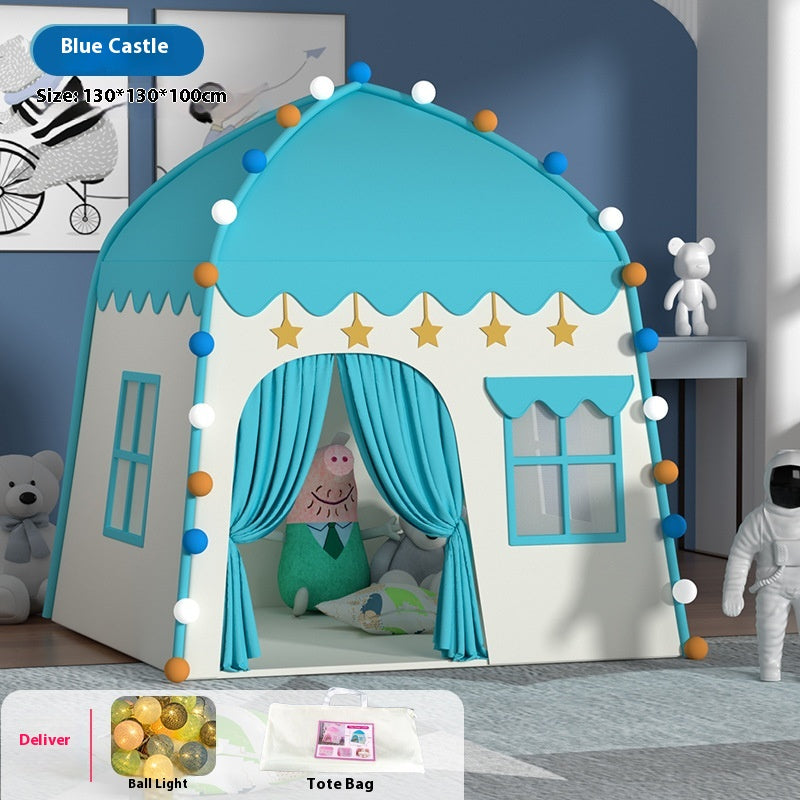 Blue castle play tent for kids with lights, 130x130x100cm, made of Oxford fabric.