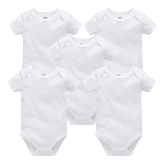 Five white short-sleeve cotton baby bodysuits with snap closures, suitable for 0-24 months.