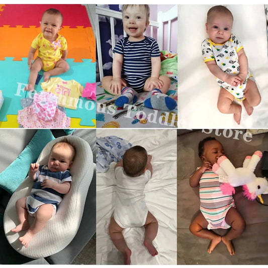 Babies wearing various short-sleeve cotton rompers in yellow, white, striped, and patterned designs.