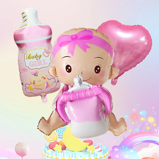 Pink 3D baby girl foil balloons, including a baby bottle, baby character, and heart, for parties.