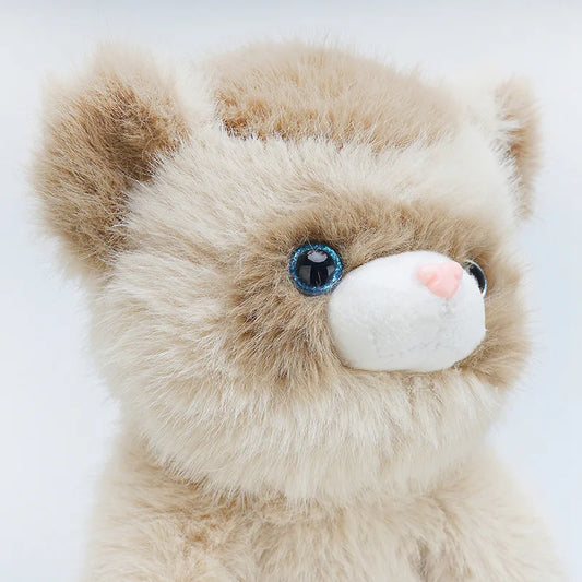 Soft, fluffy 52cm ferret plush toy with brown and white fur, blue eyes, and a pink nose.