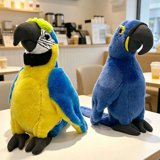 Two soft, lifelike plush parrots, one yellow and blue, the other solid blue, 22cm tall.