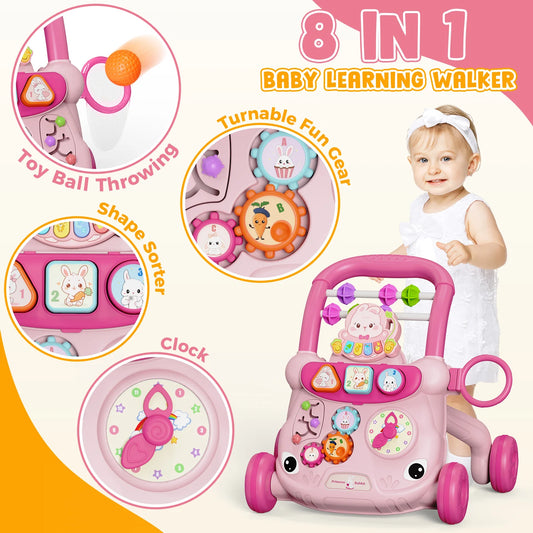 Pink baby learning walker with activity center, shape sorter, clock, and ball throw.