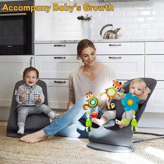 Baby activity arch with colorful hanging toys, universal clips, attached to a gray baby bouncer.
