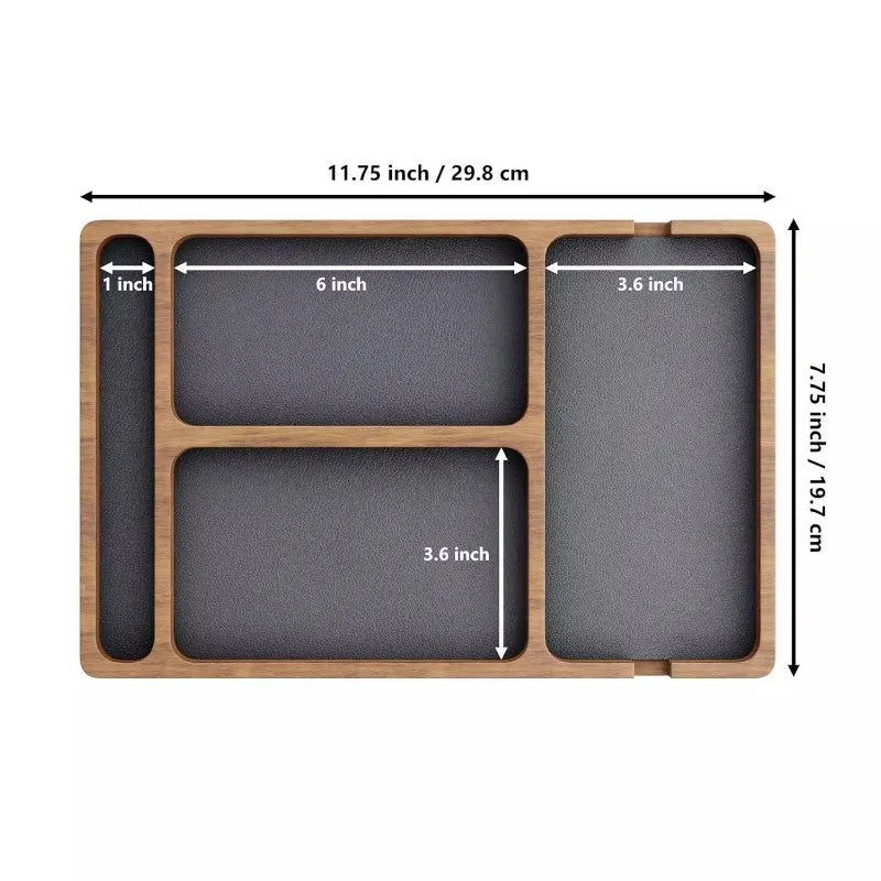 Minimalist natural wood desk organizer with multiple compartments and dimensions.