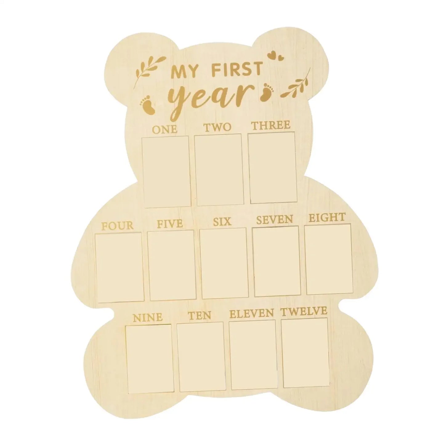 Wooden bear-shaped baby milestone board, "MY FIRST year" engraved, with 12 monthly photo slots.