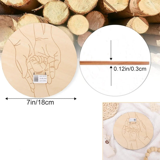 Round wooden birth keepsake plaque with engraved hands, space for a hospital bracelet, and 0.12in thickness.