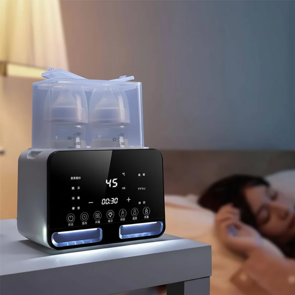 Black and white digital baby bottle warmer and sterilizer with two bottles, a touchscreen, and night light.