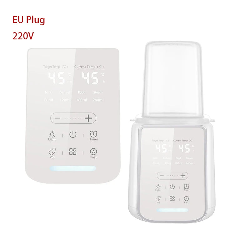 White baby bottle warmer and sterilizer with digital display, EU plug, and transparent lid.