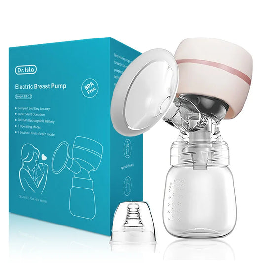 Dr. Isla portable electric breast pump with clear bottle, white and rose gold accents, and blue product box.