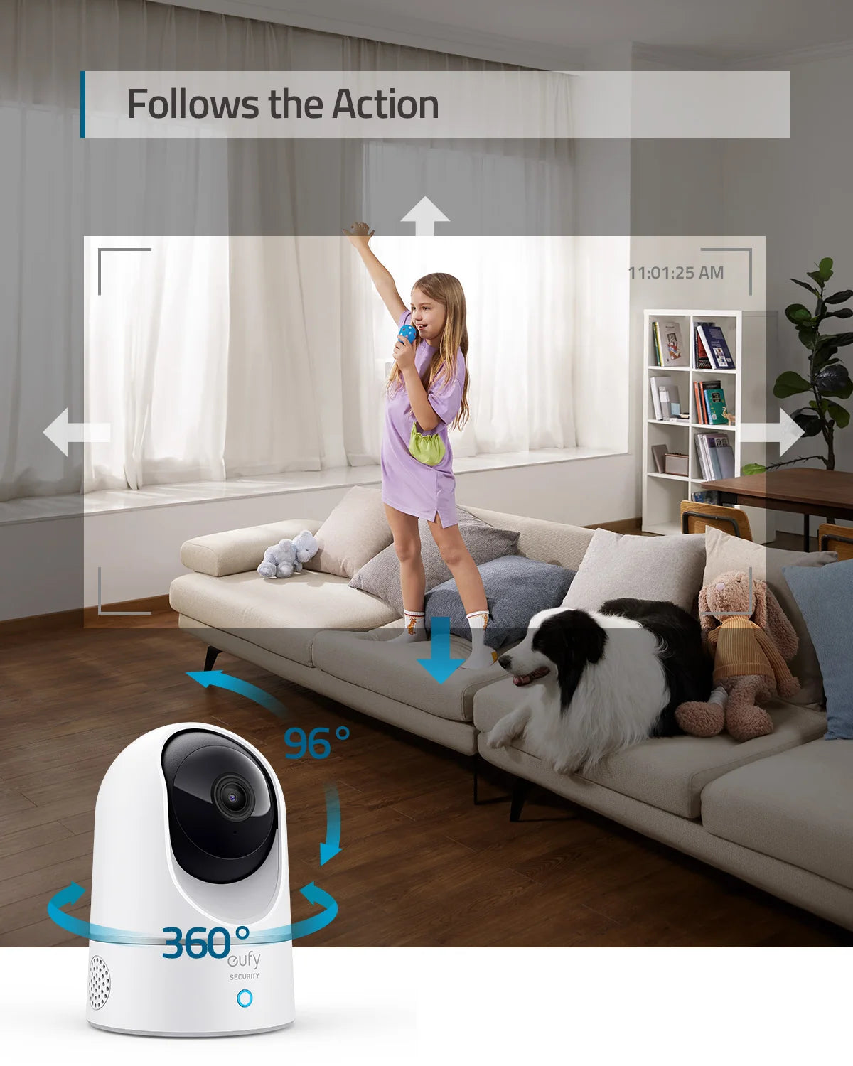 White smart security camera with 360° pan and 96° tilt, shown tracking a child and dog.