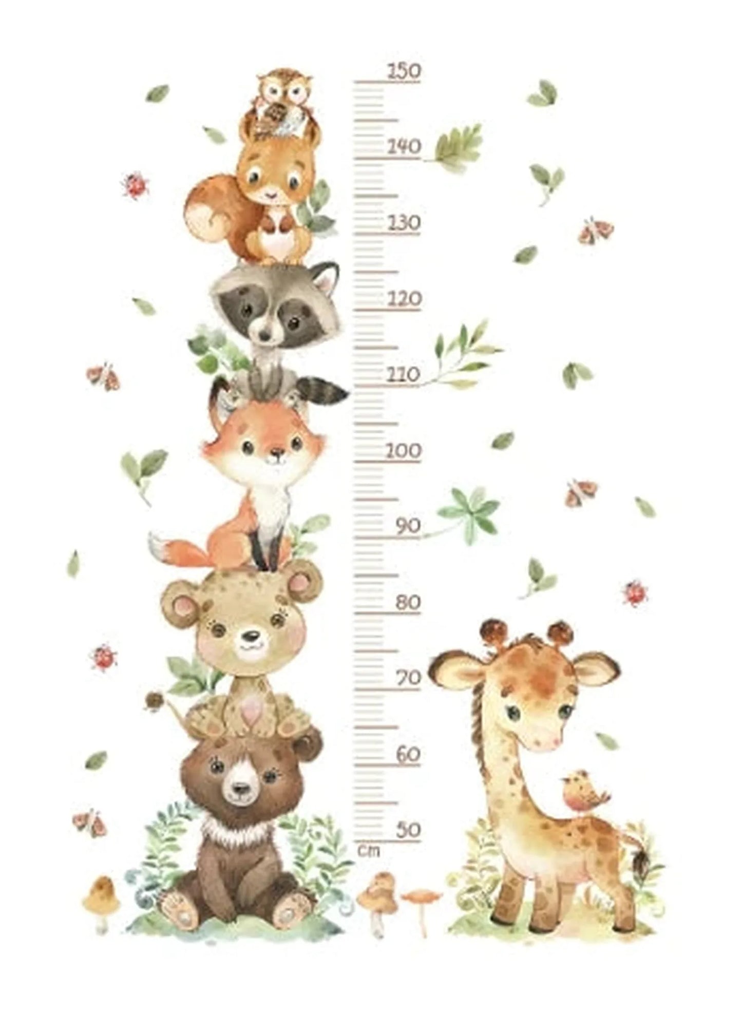 Colorful PVC animal-themed growth chart wall sticker for kids' rooms, featuring a giraffe, bears, fox, raccoon, and owl.