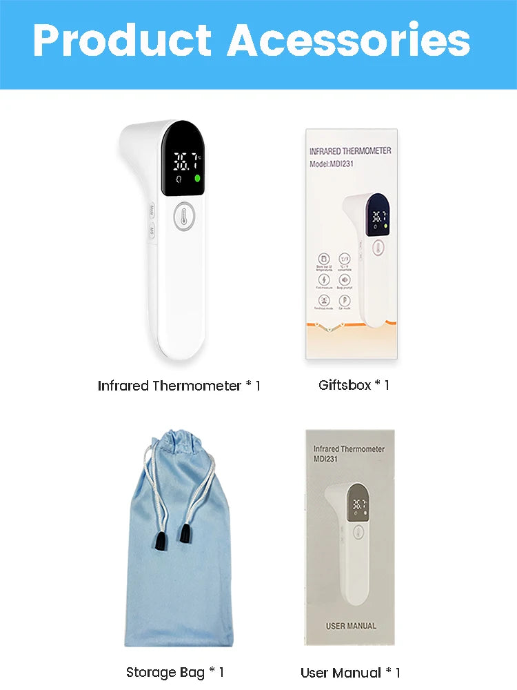 White non-contact digital infrared thermometer, gift box, blue storage bag, and user manual.