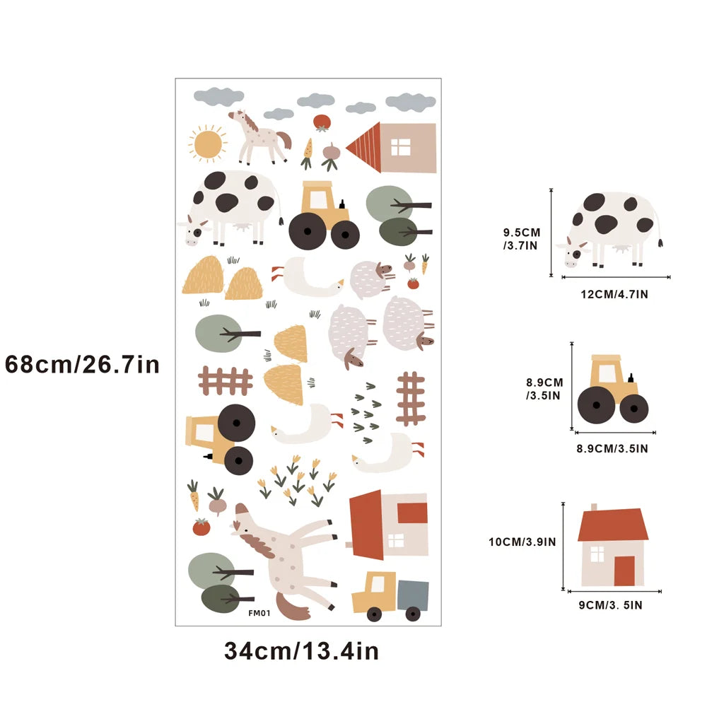 Watercolor farm animal wall decals for kids' rooms, featuring cows, horses, tractors, and barns.
