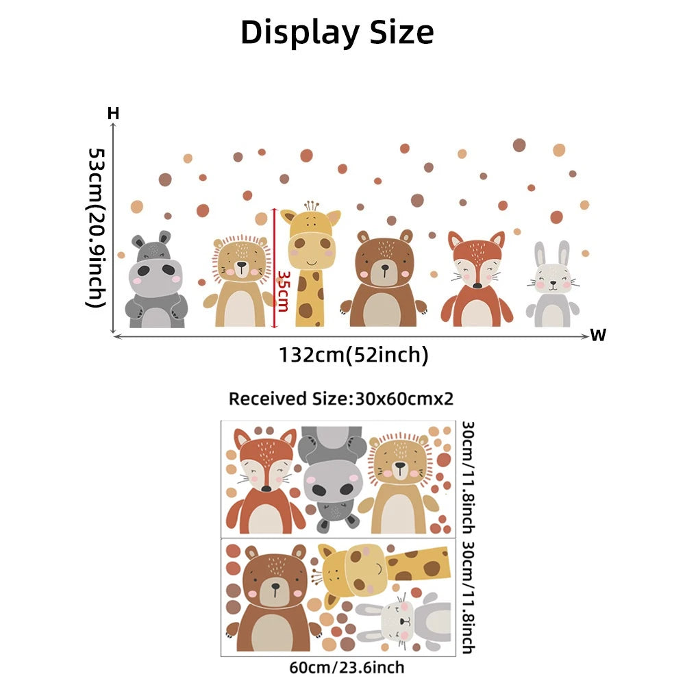 Boho animal wall decals for kids' room, featuring a giraffe, lion, bear, fox, hippo, and bunny with brown polka dots.