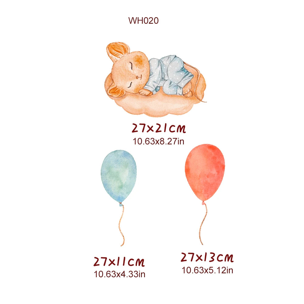 Watercolor sleeping baby bear on a cloud with blue and red balloons, PVC wall decal.