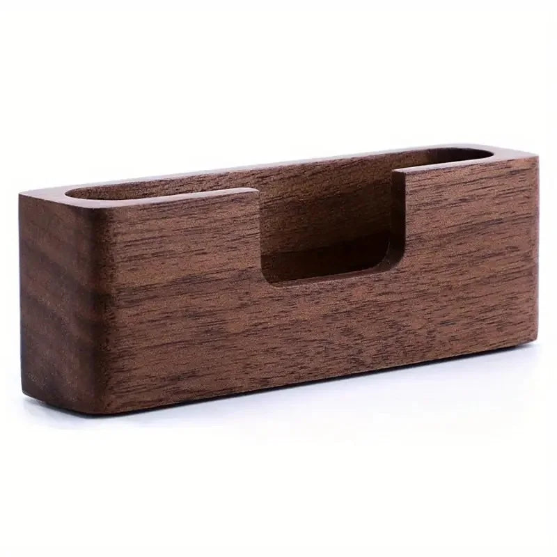 Natural dark wood business card holder with a minimalist design.