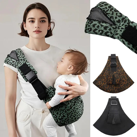 Woman wearing a green leopard print ergonomic baby carrier with a wide shoulder strap. Insets show brown leopard and black options.