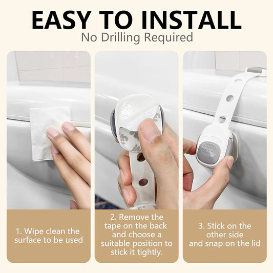 White plastic toilet seat safety lock with grey accents, shown in a 3-step installation guide.