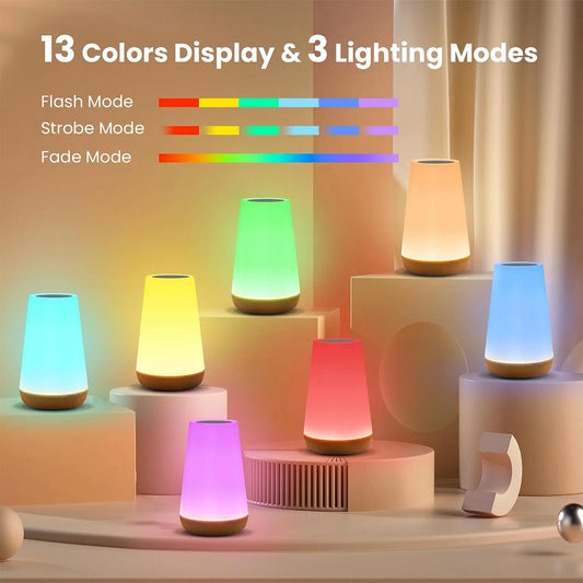 Rechargeable smart RGB night light with remote, displaying 13 colors and 3 lighting modes.