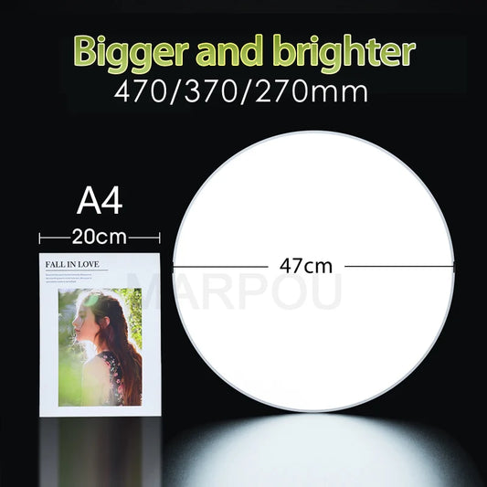 Round white smart LED ceiling light, 47cm diameter, shown next to an A4 paper for size comparison.