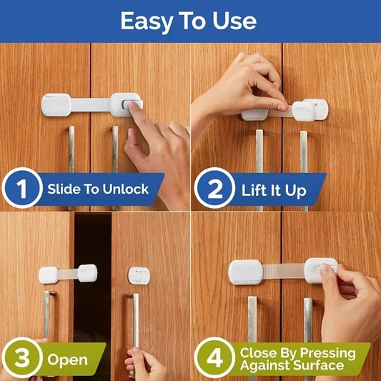White child safety lock on wood cabinets, showing 4 steps to open and close.