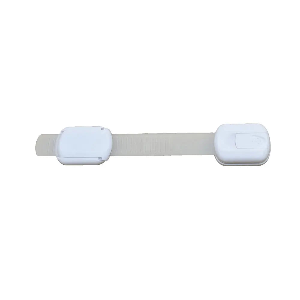 White plastic child safety lock for cabinets and drawers, drill-free adhesive installation.